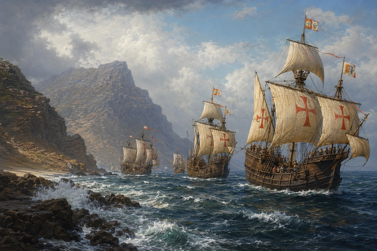 Vasco da Gama's fleet rounding the Cape of Good Hope in 1497, the ships carrying crosses on their sails and Bartolomeu Dias as far as the Guinea coast before turning back.